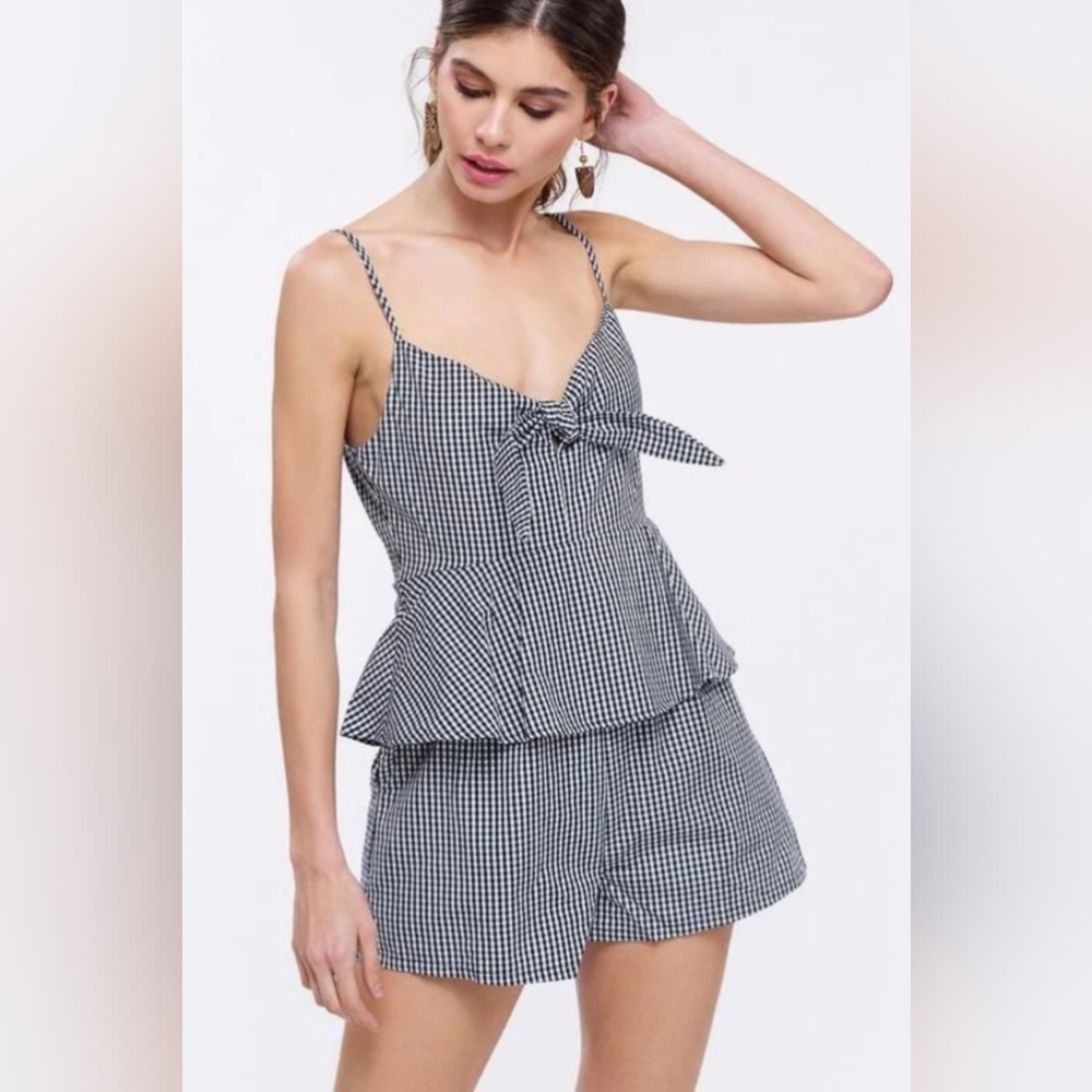 Listicle Gingham Peplum with front knot Romper